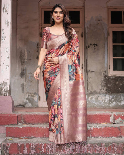 Pure Banarasi Digitally Printed Silk Saree Weaved With Zari Comes With Tassels