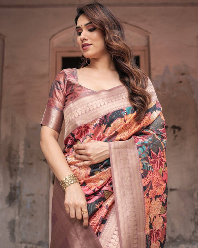 Pure Banarasi Digitally Printed Silk Saree Weaved With Zari Comes With Tassels