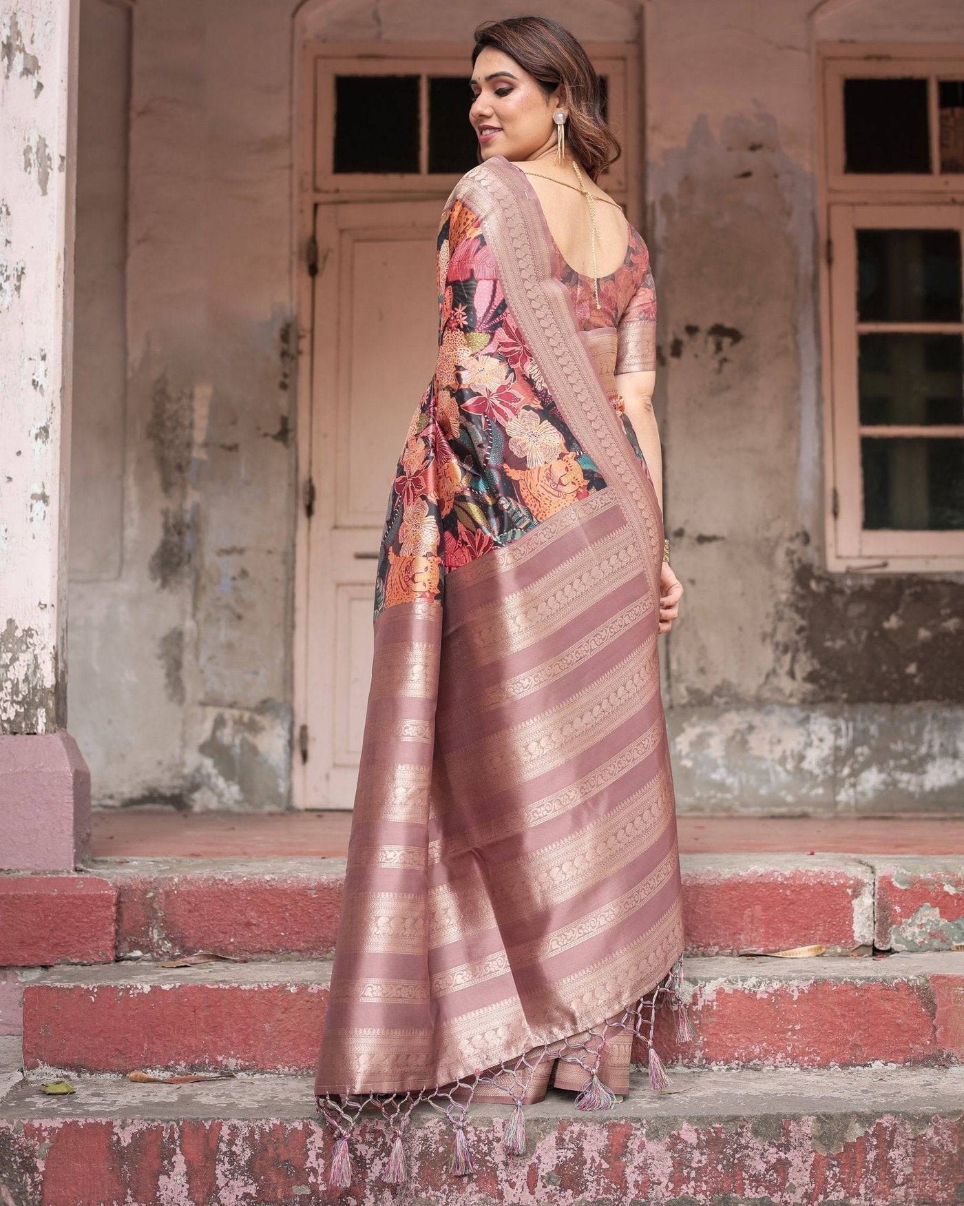 Pure Banarasi Digitally Printed Silk Saree Weaved With Zari Comes With Tassels