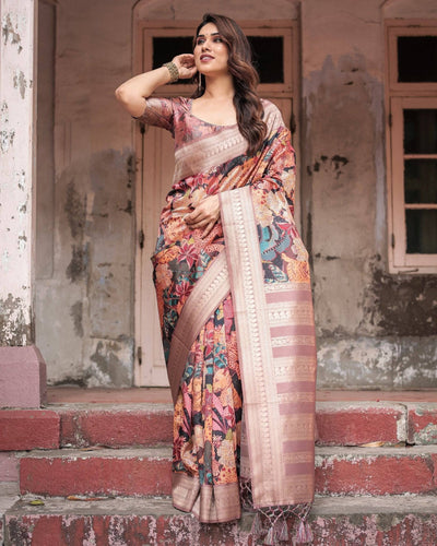 Pure Banarasi Digitally Printed Silk Saree Weaved With Zari Comes With Tassels