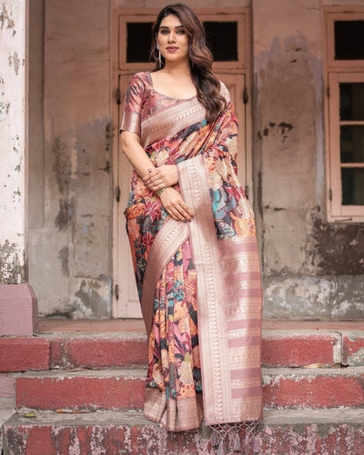 Exotic Multicolor Banarasi Silk Saree with Zari Border and Tassels