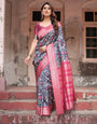 Stunning Navy Banarasi Silk Saree with Vibrant Floral Prints and Pink Zari Border