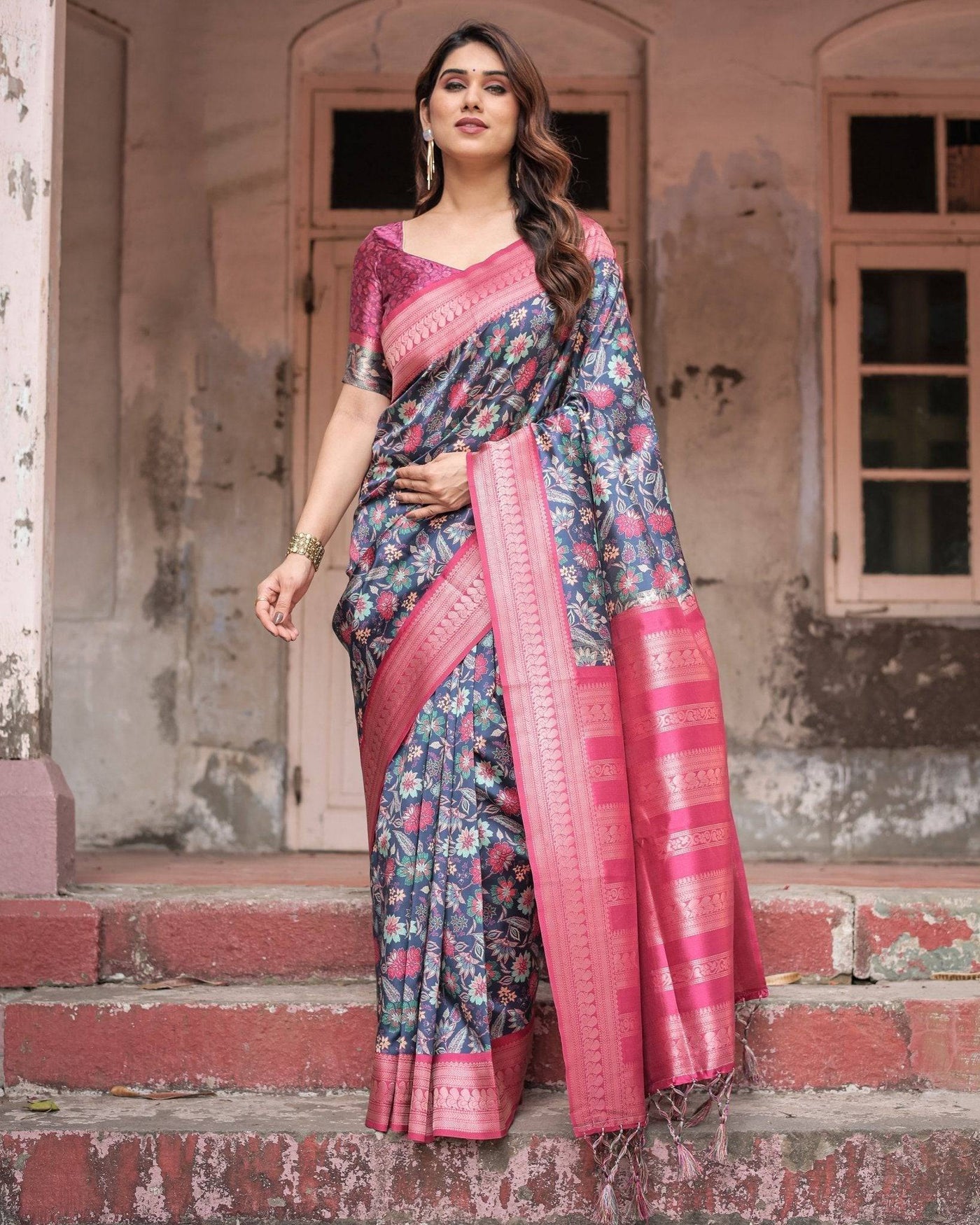 Pure Banarasi Digitally Printed Silk Saree Weaved With Zari Comes With Tassels