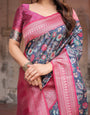 Stunning Navy Banarasi Silk Saree with Vibrant Floral Prints and Pink Zari Border