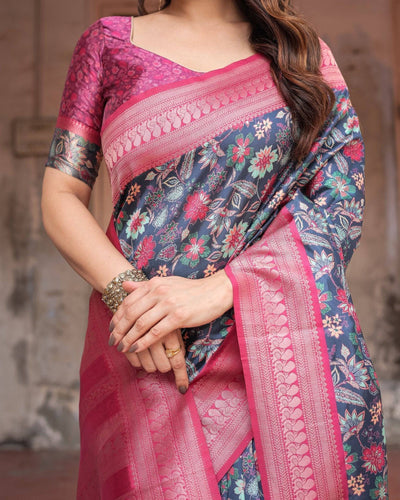 Stunning Navy Banarasi Silk Saree with Vibrant Floral Prints and Pink Zari Border