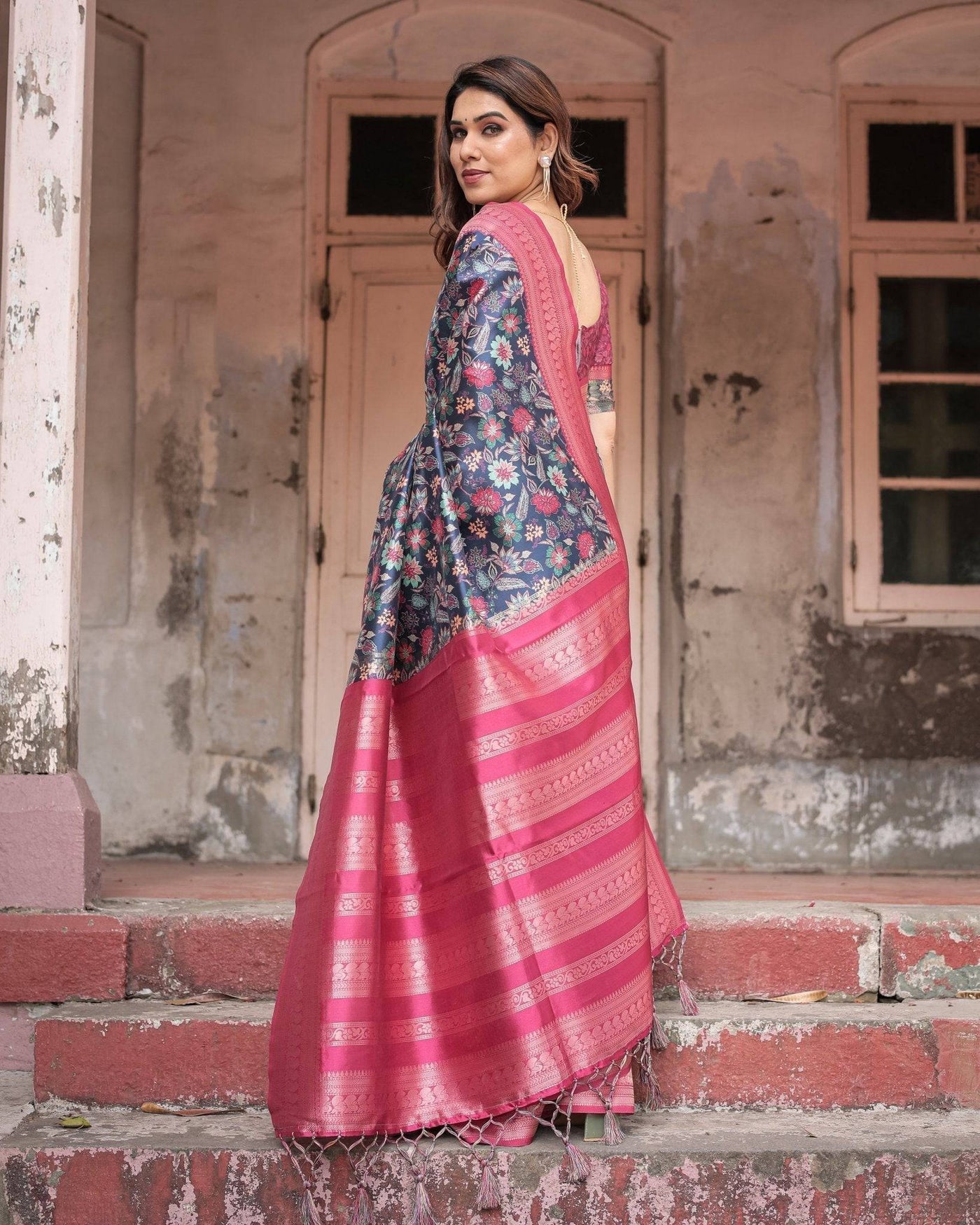 Stunning Navy Banarasi Silk Saree with Vibrant Floral Prints and Pink Zari Border