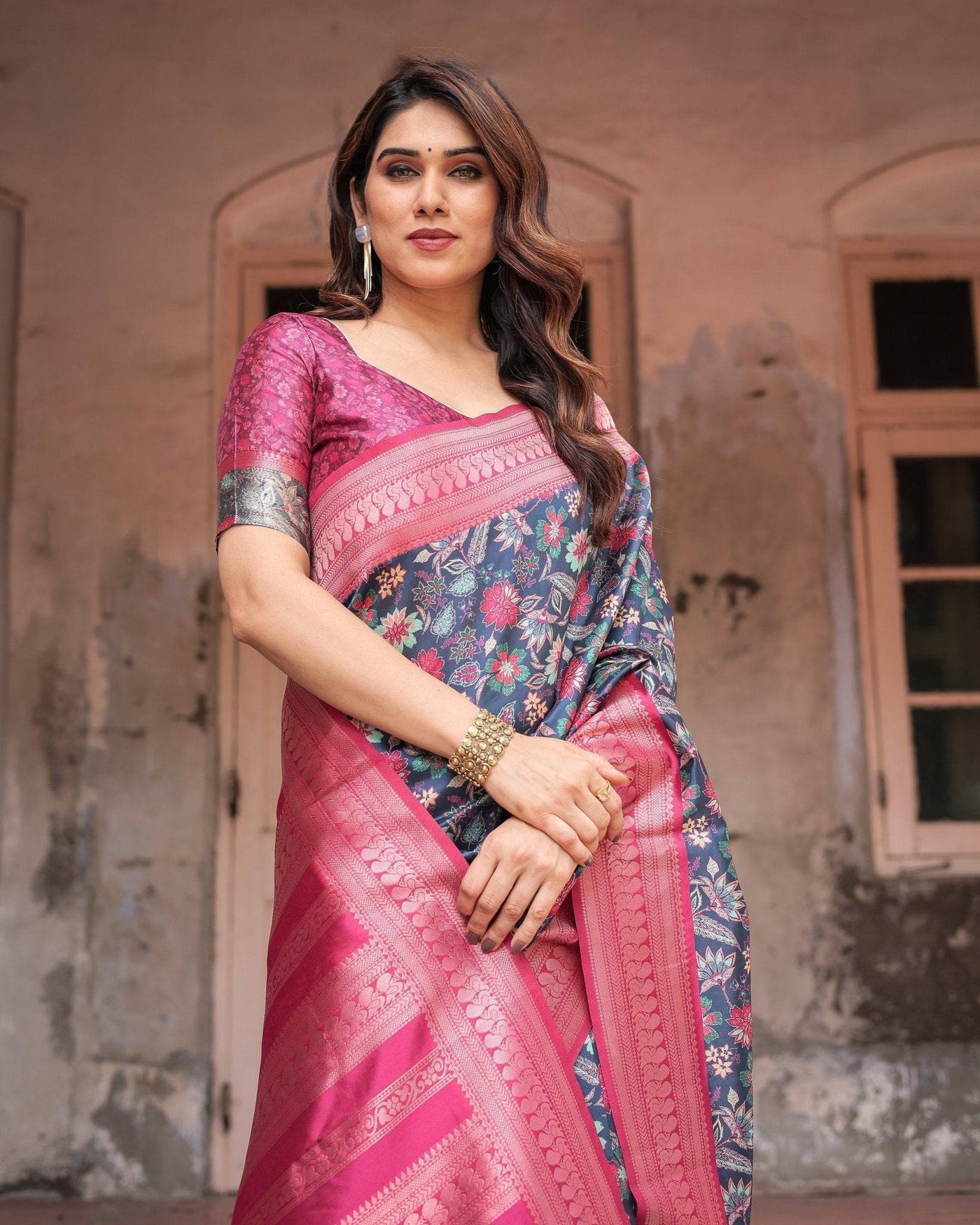 Pure Banarasi Digitally Printed Silk Saree Weaved With Zari Comes With Tassels