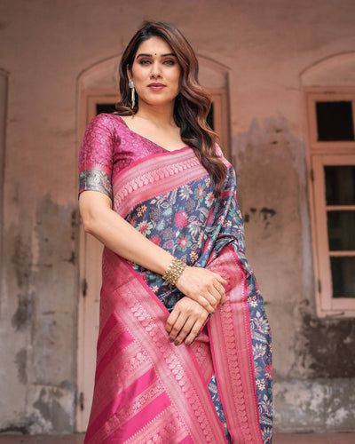 Stunning Navy Banarasi Silk Saree with Vibrant Floral Prints and Pink Zari Border