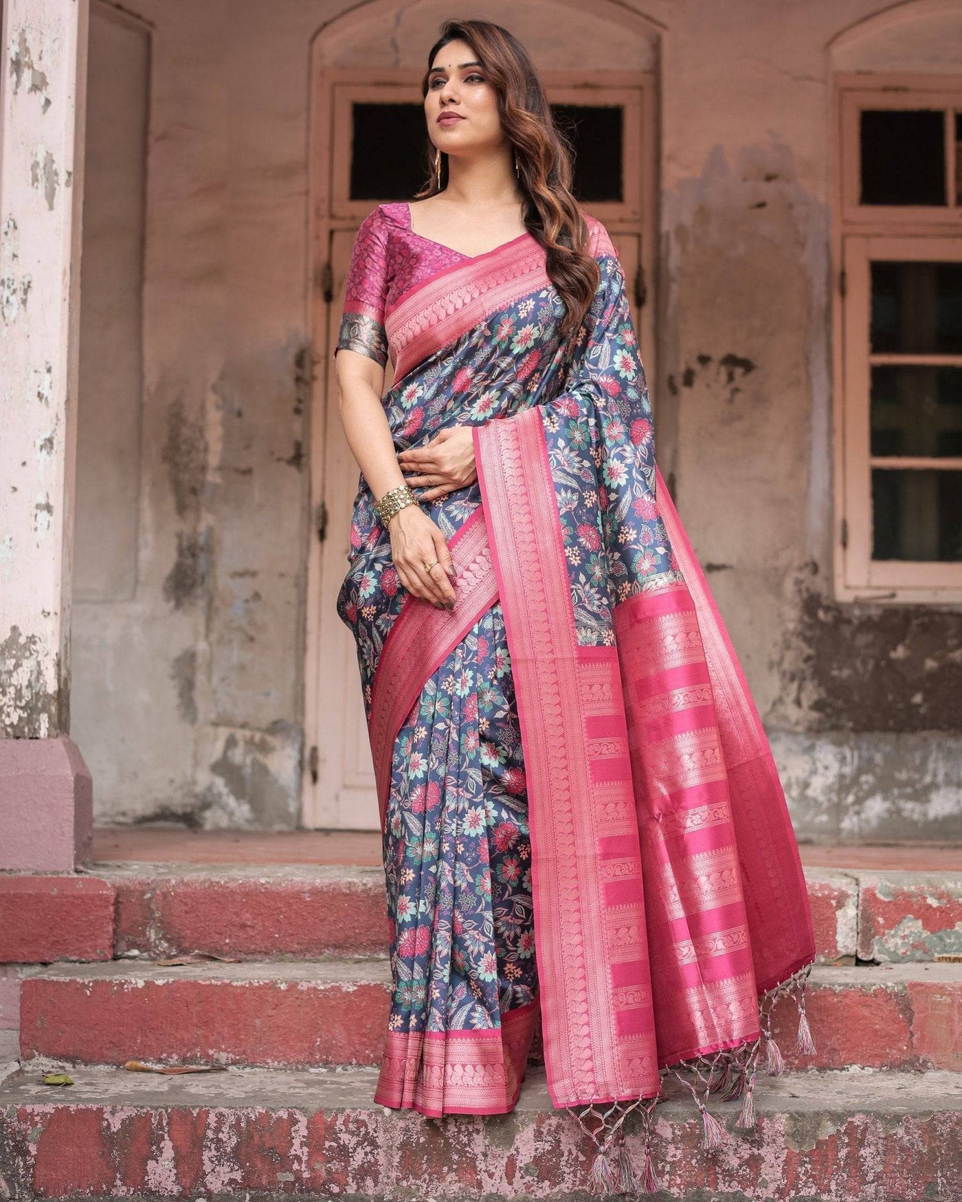 Pure Banarasi Digitally Printed Silk Saree Weaved With Zari Comes With Tassels