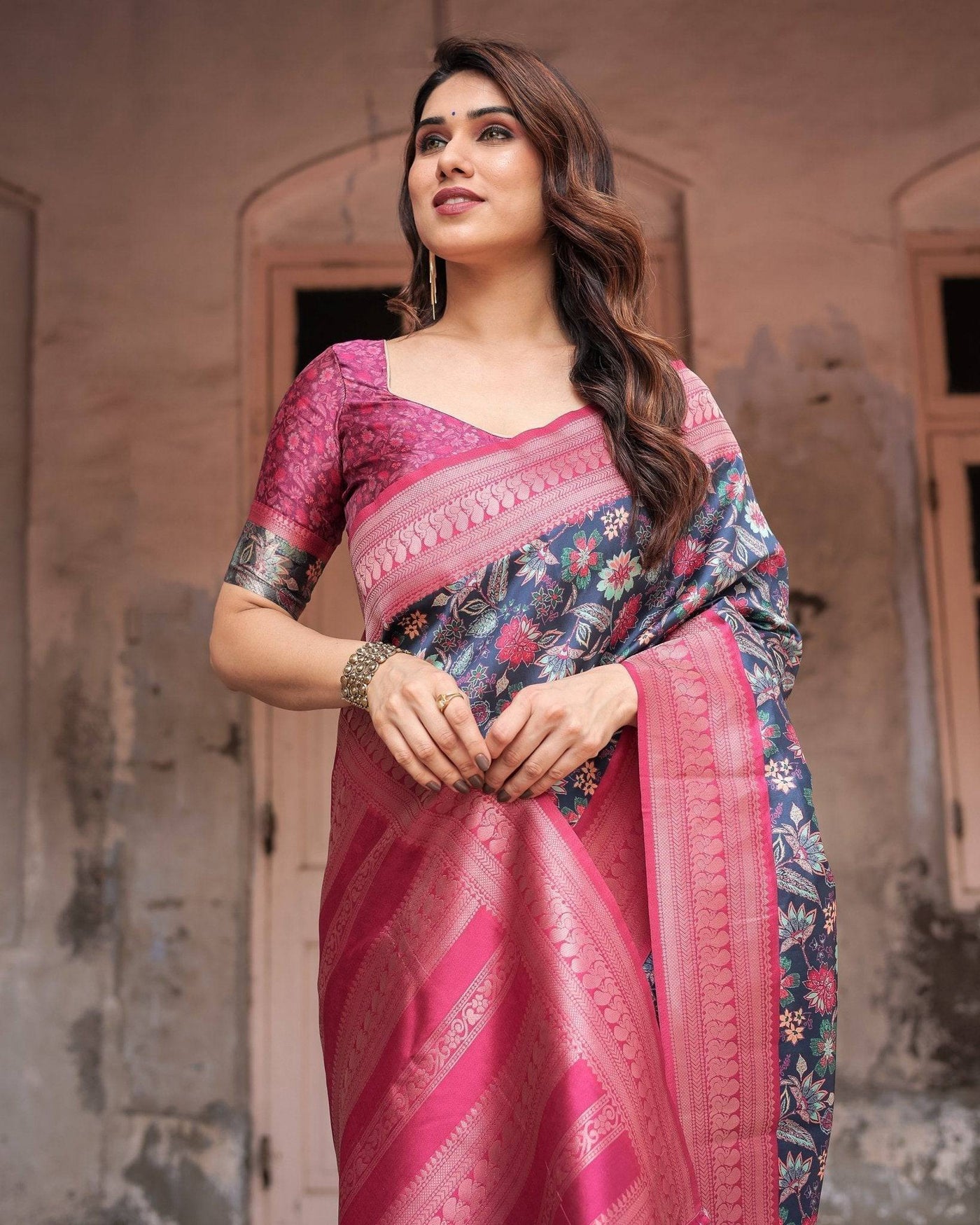 Pure Banarasi Digitally Printed Silk Saree Weaved With Zari Comes With Tassels