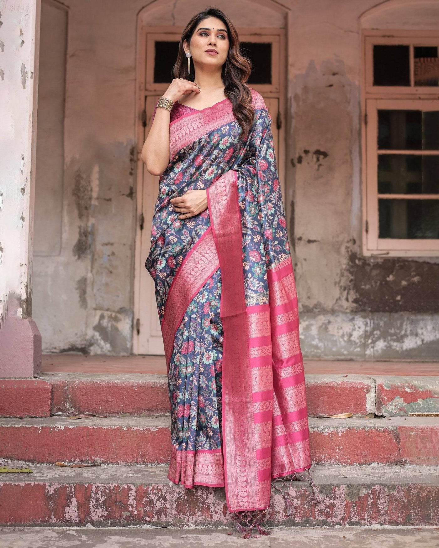 Pure Banarasi Digitally Printed Silk Saree Weaved With Zari Comes With Tassels