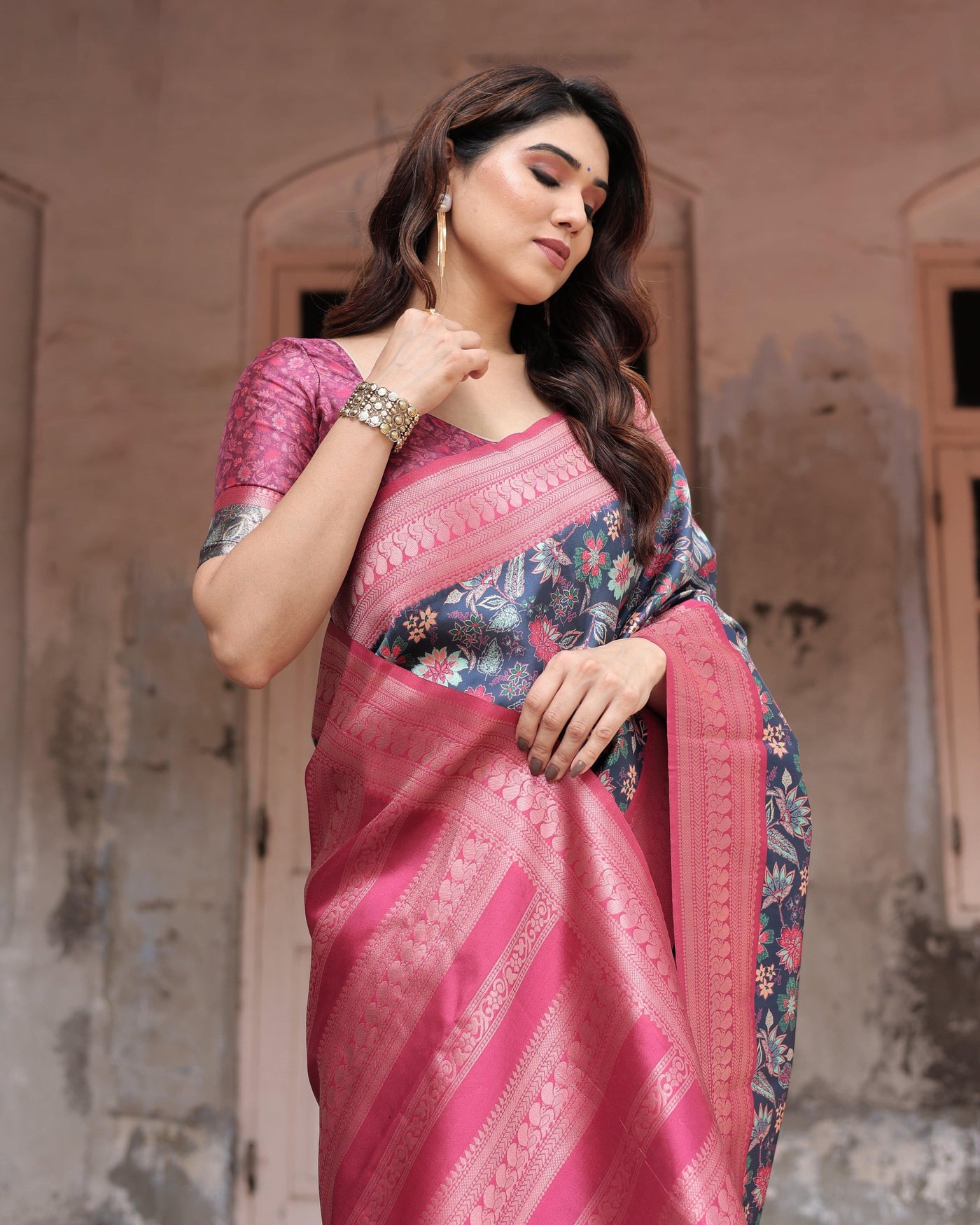 Pure Banarasi Digitally Printed Silk Saree Weaved With Zari Comes With Tassels