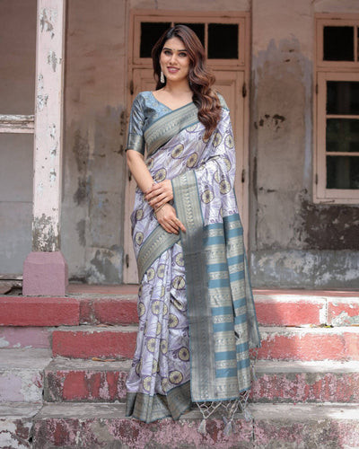 Pure Banarasi Digitally Printed Silk Saree Weaved With Zari Comes With Tassels