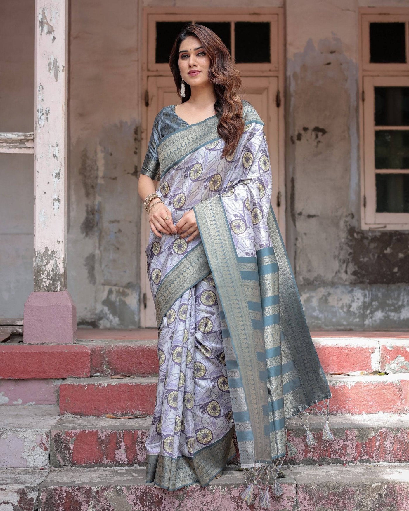 Pure Banarasi Digitally Printed Silk Saree Weaved With Zari Comes With Tassels