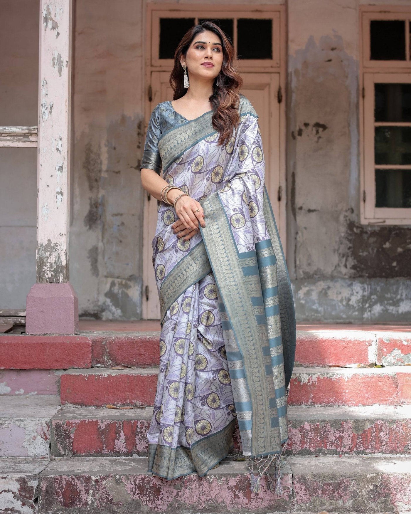 Pure Banarasi Digitally Printed Silk Saree Weaved With Zari Comes With Tassels