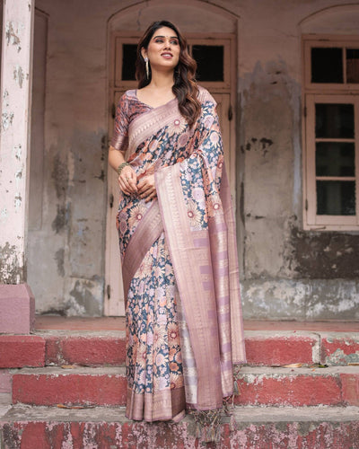 Pure Banarasi Digitally Printed Silk Saree Weaved With Zari Comes With Tassels.