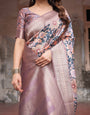 Lavender Banarasi Silk Saree with Pastel Floral Digital Print & Zari Border