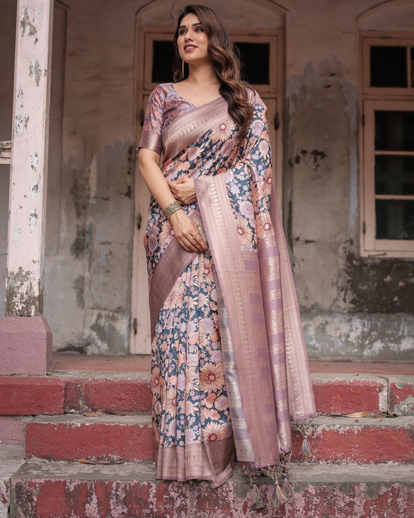 Pure Banarasi Digitally Printed Silk Saree Weaved With Zari Comes With Tassels.