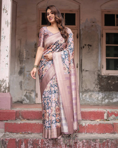 Lavender Banarasi Silk Saree with Pastel Floral Digital Print & Zari Border