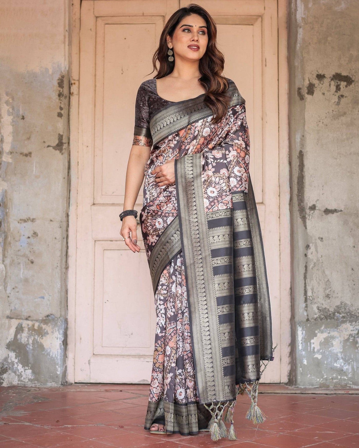 Pure Banarasi Digitally Printed Silk Saree Weaved With Zari Comes With Tassels.