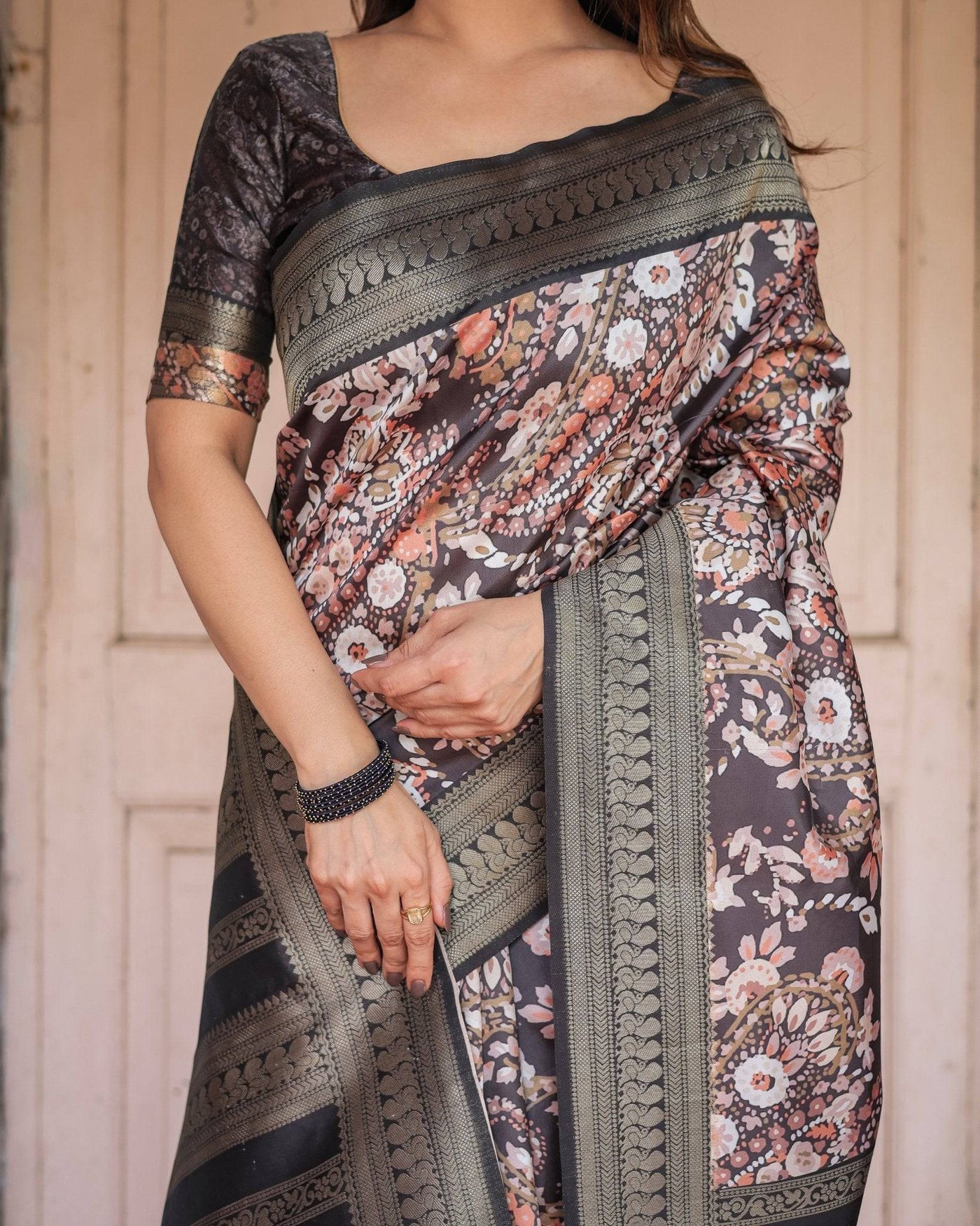 Pure Banarasi Digitally Printed Silk Saree Weaved With Zari Comes With Tassels.