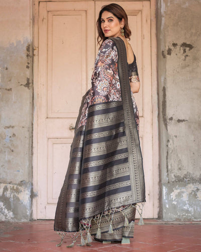 Elegant Black and Peach Banarasi Silk Saree with Zari Border and Tassels