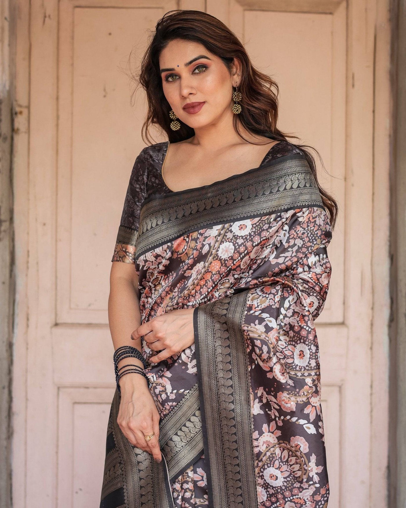 Pure Banarasi Digitally Printed Silk Saree Weaved With Zari Comes With Tassels.