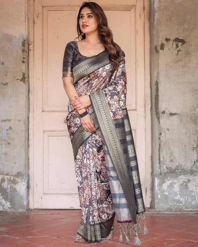 Pure Banarasi Digitally Printed Silk Saree Weaved With Zari Comes With Tassels.