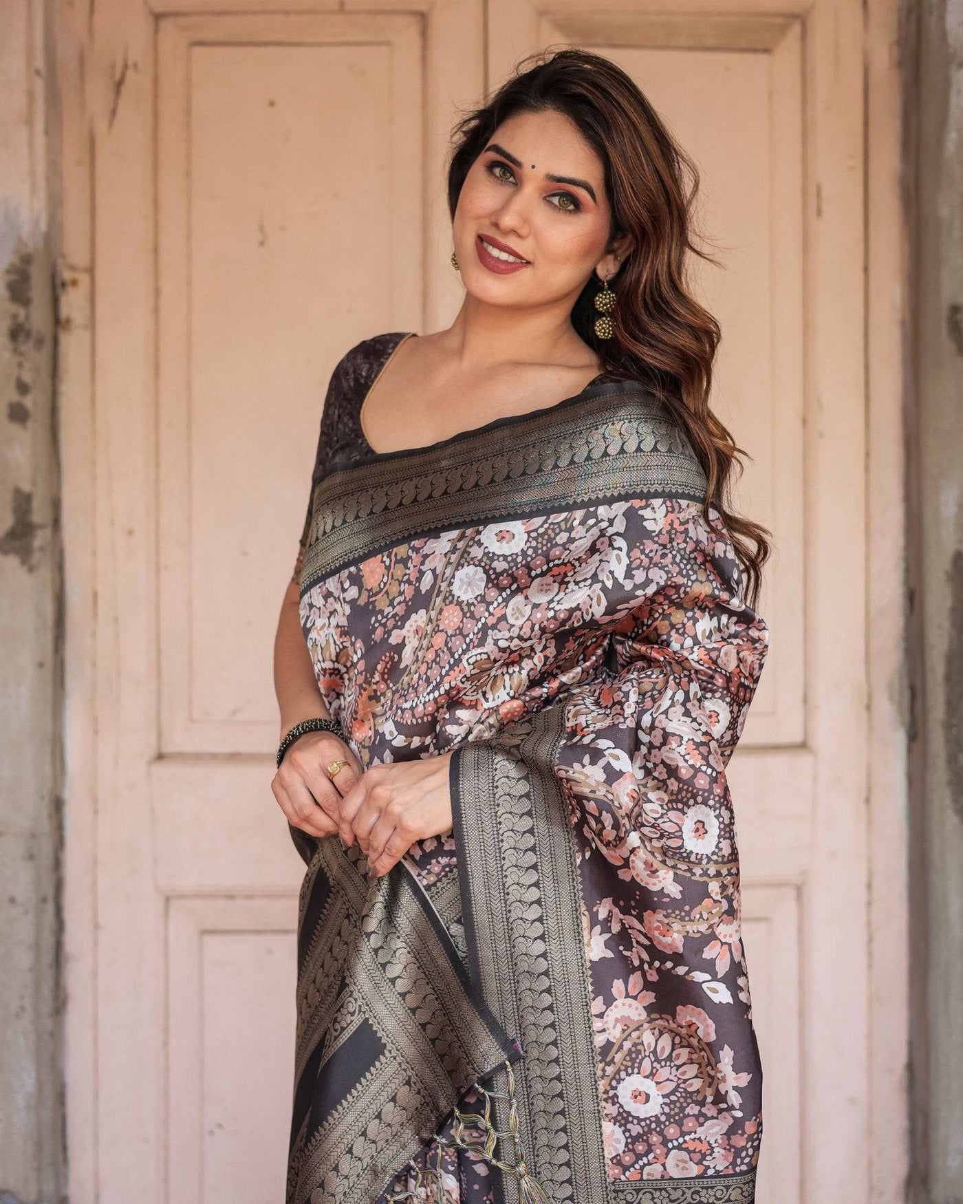 Pure Banarasi Digitally Printed Silk Saree Weaved With Zari Comes With Tassels.