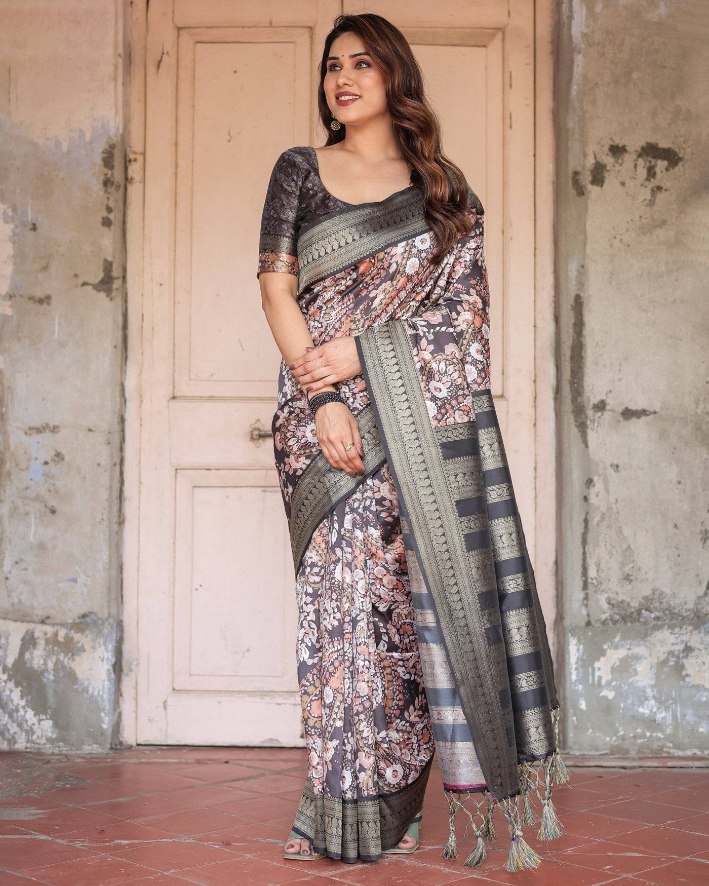 Pure Banarasi Digitally Printed Silk Saree Weaved With Zari Comes With Tassels.