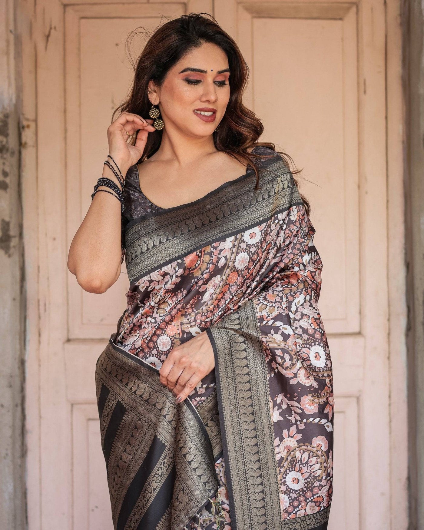 Pure Banarasi Digitally Printed Silk Saree Weaved With Zari Comes With Tassels.