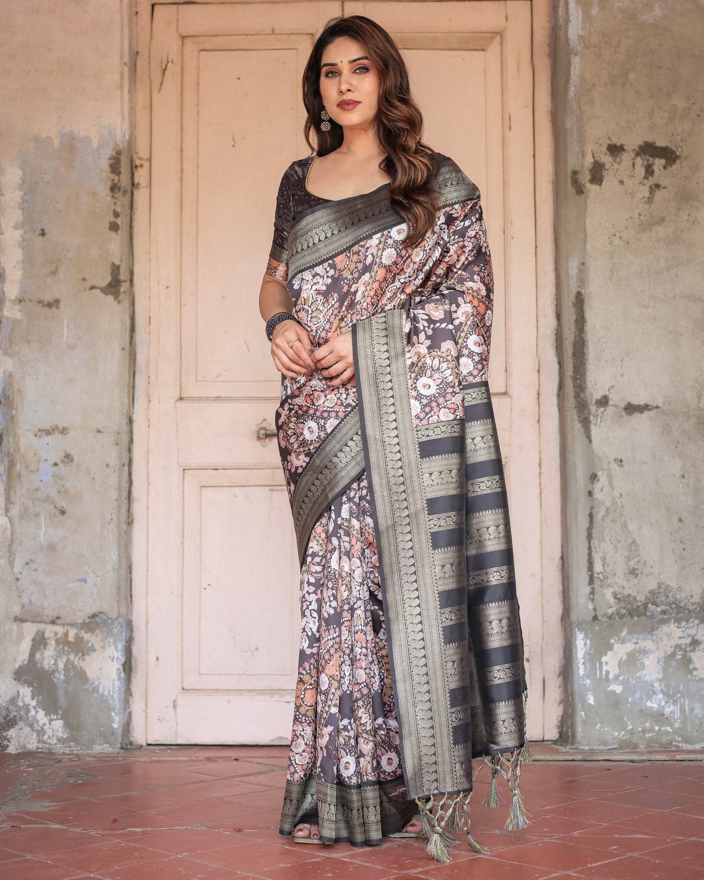 Pure Banarasi Digitally Printed Silk Saree Weaved With Zari Comes With Tassels.