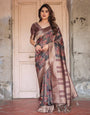 Pure Banarasi Digitally Printed Silk Saree Weaved With Zari Comes With Tassels.