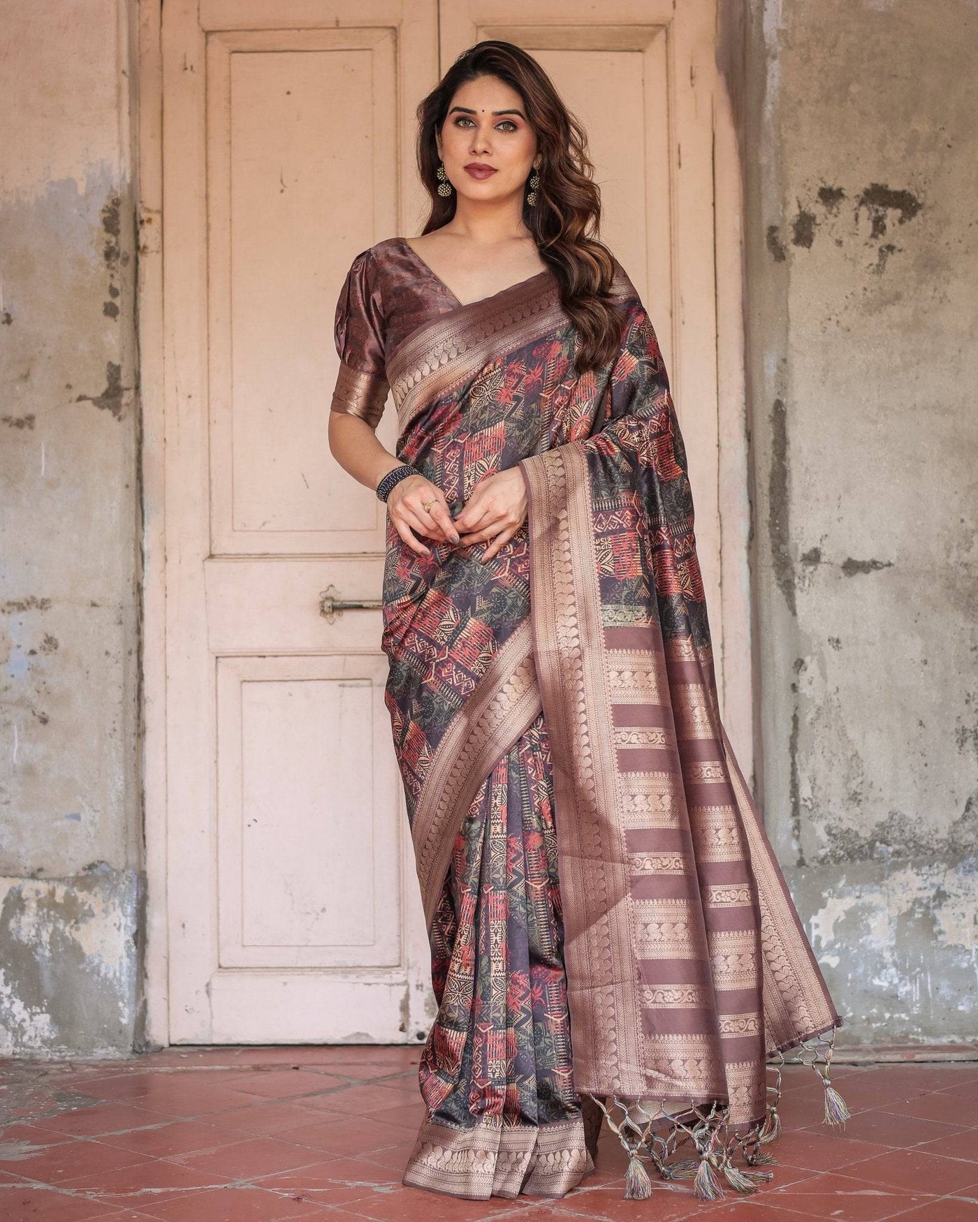 Rich Chocolate Banarasi Silk Saree with Geometric Print and Zari Border