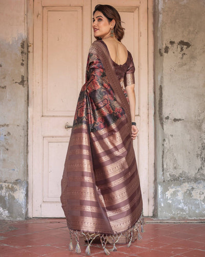 Rich Chocolate Banarasi Silk Saree with Geometric Print and Zari Border