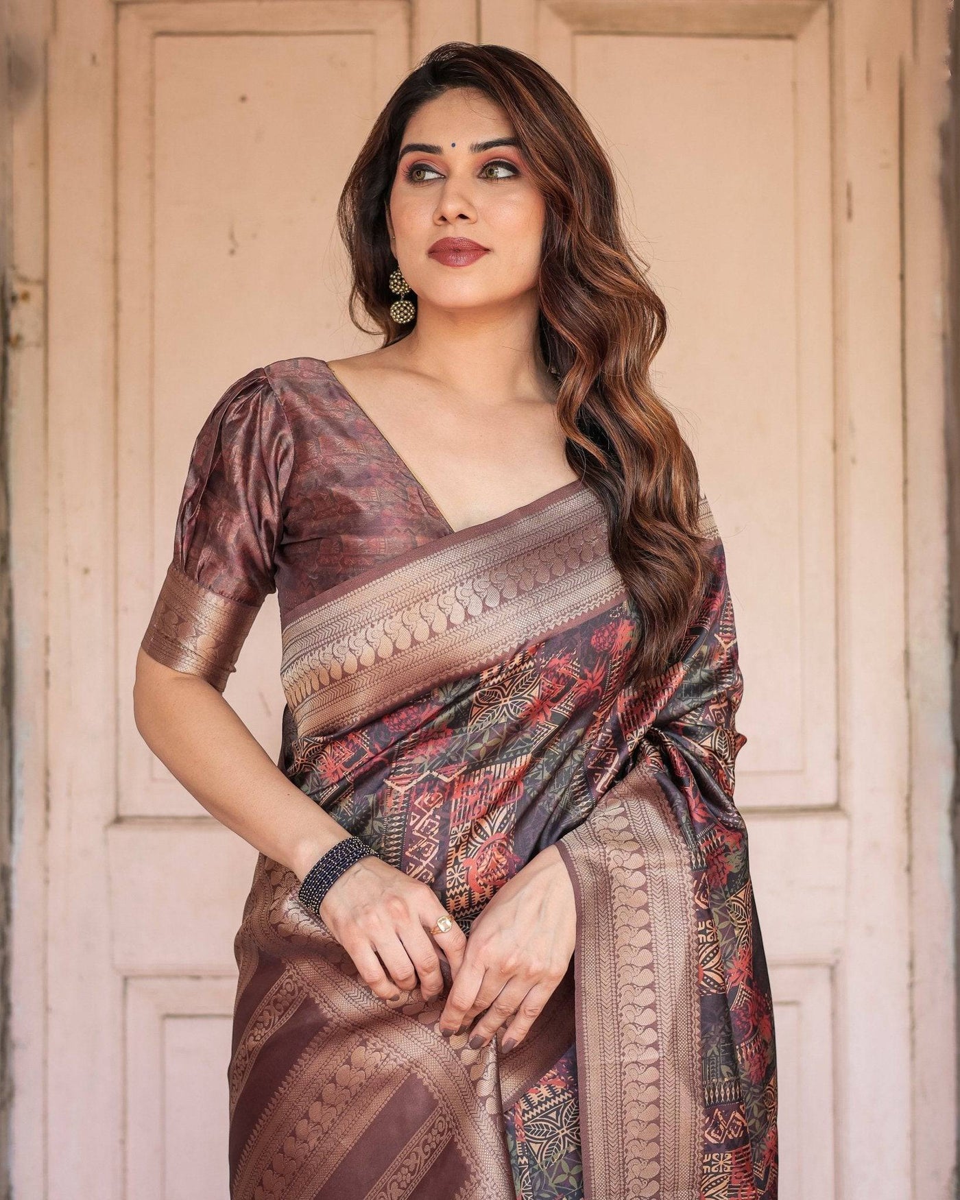 Pure Banarasi Digitally Printed Silk Saree Weaved With Zari Comes With Tassels.