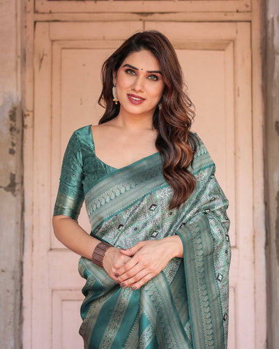 Teal Green Banarasi Silk Saree with Geometric Digital Print & Intricate Zari Border