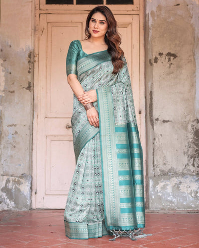 Pure Banarasi Digitally Printed Silk Saree Weaved With Zari Comes With Tassels.