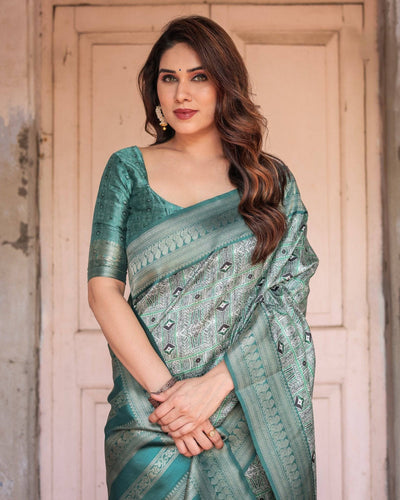 Teal Green Banarasi Silk Saree with Geometric Digital Print & Intricate Zari Border