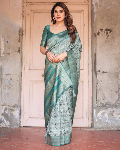 Pure Banarasi Digitally Printed Silk Saree Weaved With Zari Comes With Tassels.