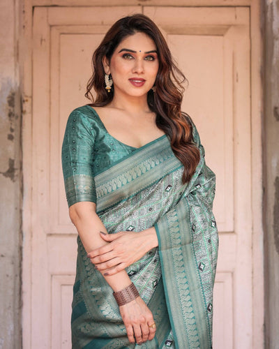 Teal Green Banarasi Silk Saree with Geometric Digital Print & Intricate Zari Border