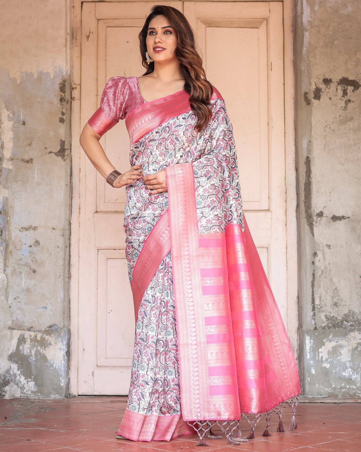 Pure Banarasi Digitally Printed Silk Saree Weaved With Zari Comes With Tassels.