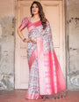 Pure Banarasi Digitally Printed Silk Saree Weaved With Zari Comes With Tassels.