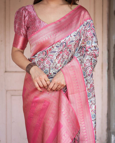 Pink Banarasi Silk Saree with Vibrant Floral Digital Print & Elegant Zari Border