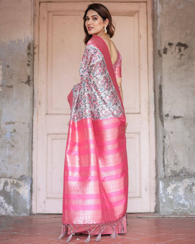 Pure Banarasi Digitally Printed Silk Saree Weaved With Zari Comes With Tassels.