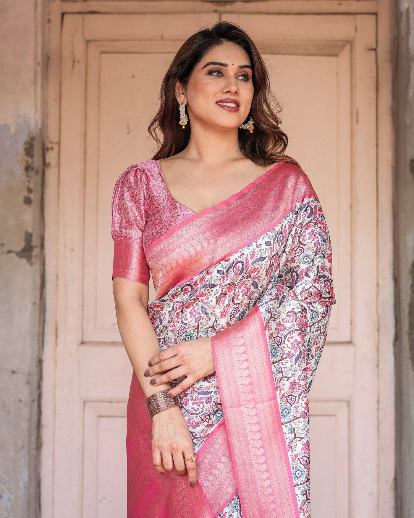 Pink Banarasi Silk Saree with Vibrant Floral Digital Print & Elegant Zari Border