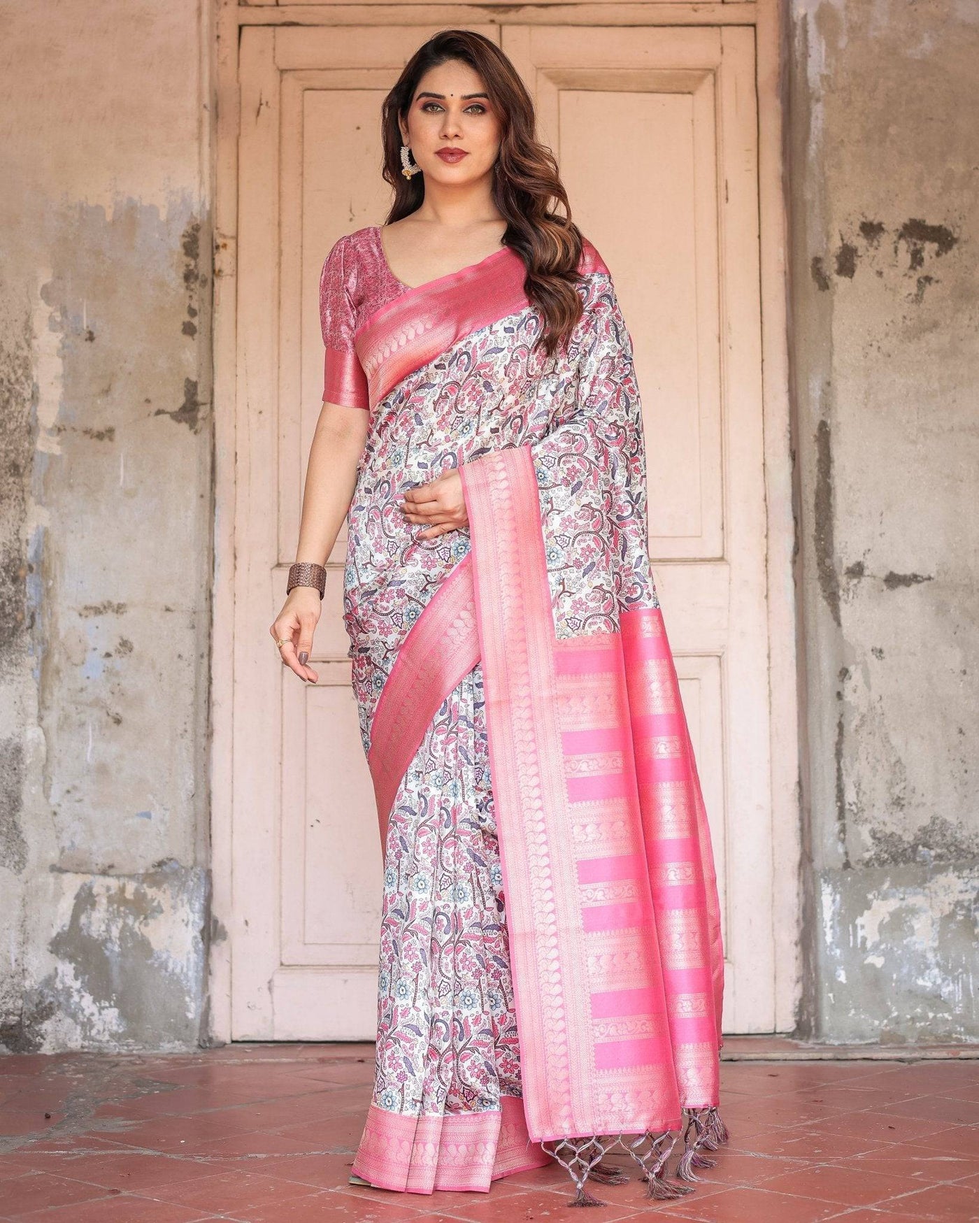 Pure Banarasi Digitally Printed Silk Saree Weaved With Zari Comes With Tassels.