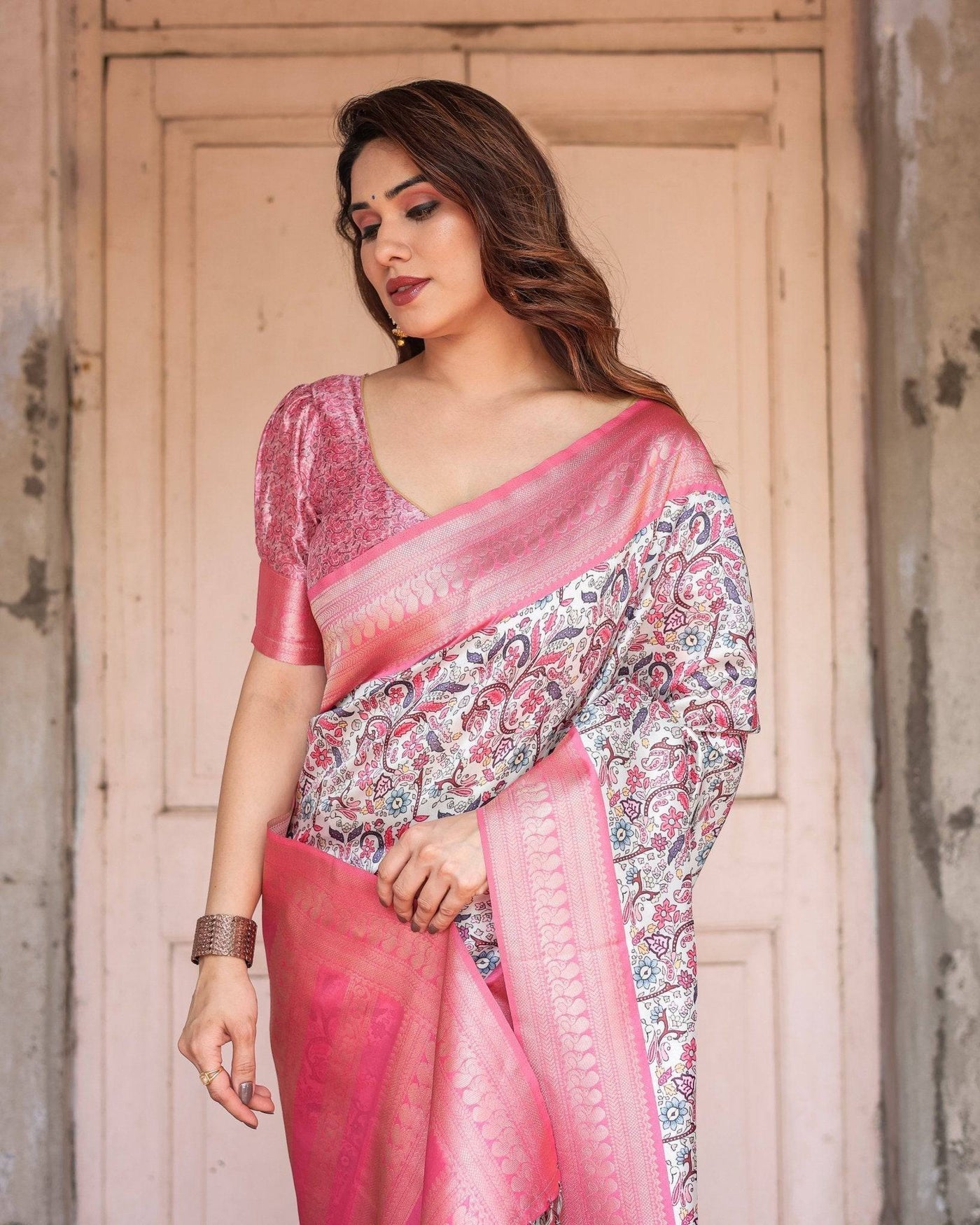 Pink Banarasi Silk Saree with Vibrant Floral Digital Print & Elegant Zari Border