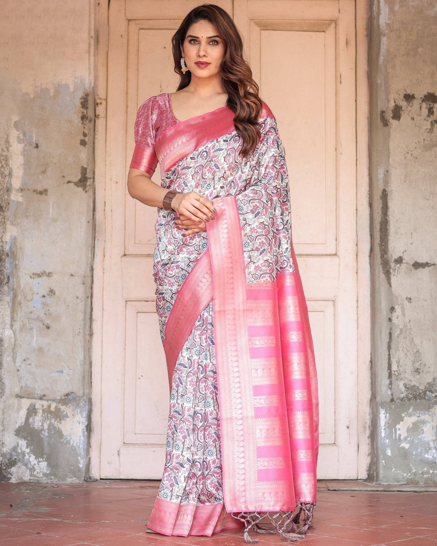 Pink Banarasi Silk Saree with Vibrant Floral Digital Print & Elegant Zari Border