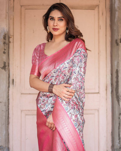 Pink Banarasi Silk Saree with Vibrant Floral Digital Print & Elegant Zari Border